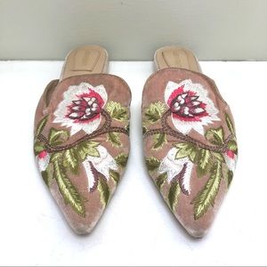 Alberta Ferretti Mia dusty rose velvet floral embroidered pointy mules 35